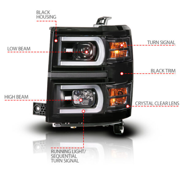 Anzo 14-15 Chevy Silverado 1500 Black Dual Switchback+Sequential LED Tube Sq. Projector Headlights - Image 4