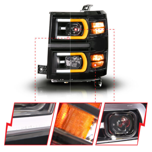 Anzo 14-15 Chevy Silverado 1500 Black Dual Switchback+Sequential LED Tube Sq. Projector Headlights - Image 3